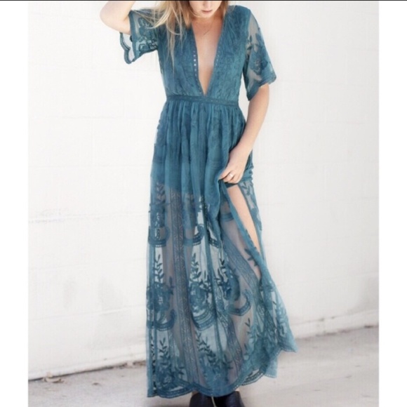 🔮5-star Teal Boho Goddess Lace Maxi Romper - Picture 5 of 8